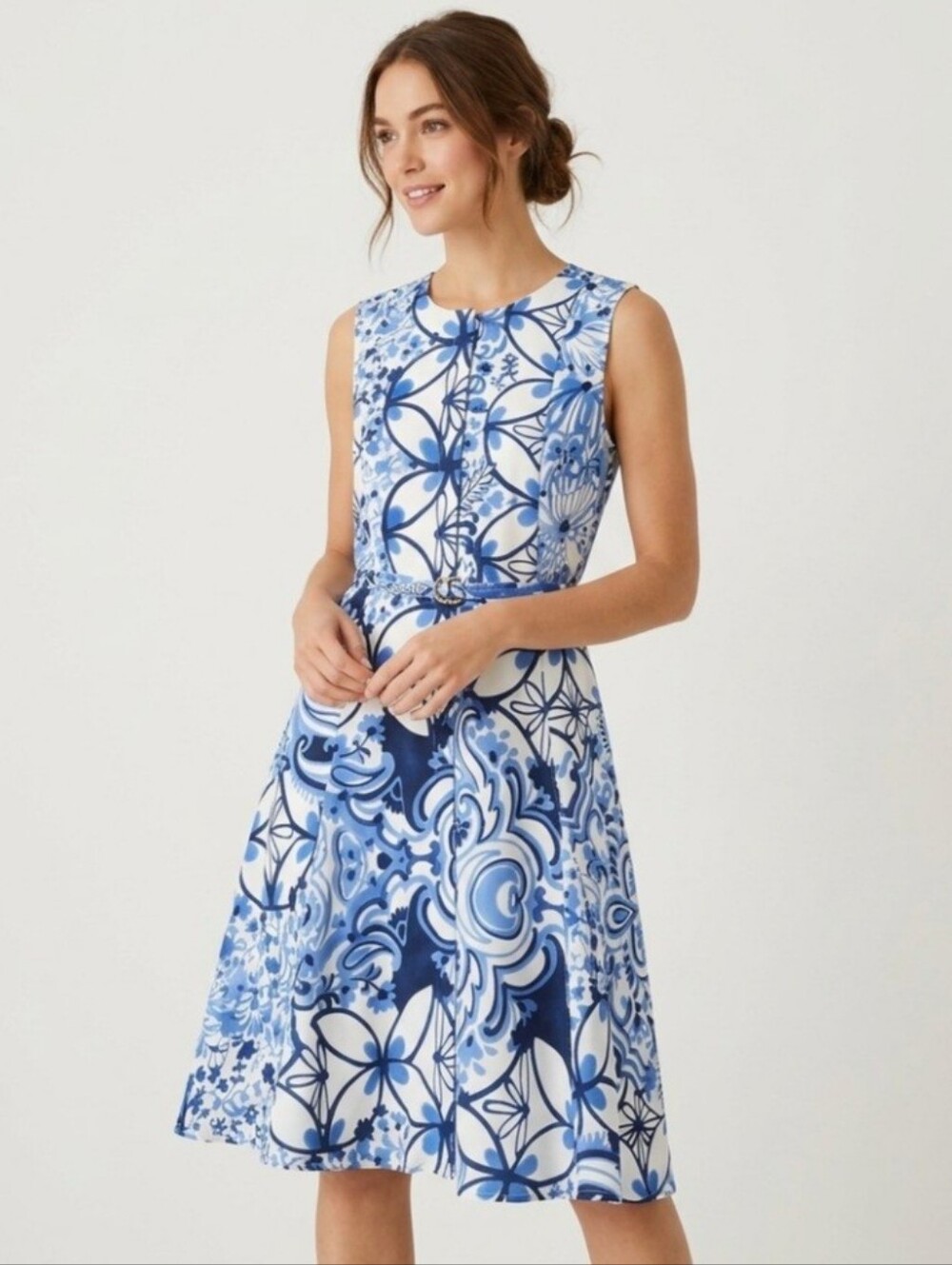 Ann Taylor Paisley Belted Flare Dress Size 10 Blue White NWT